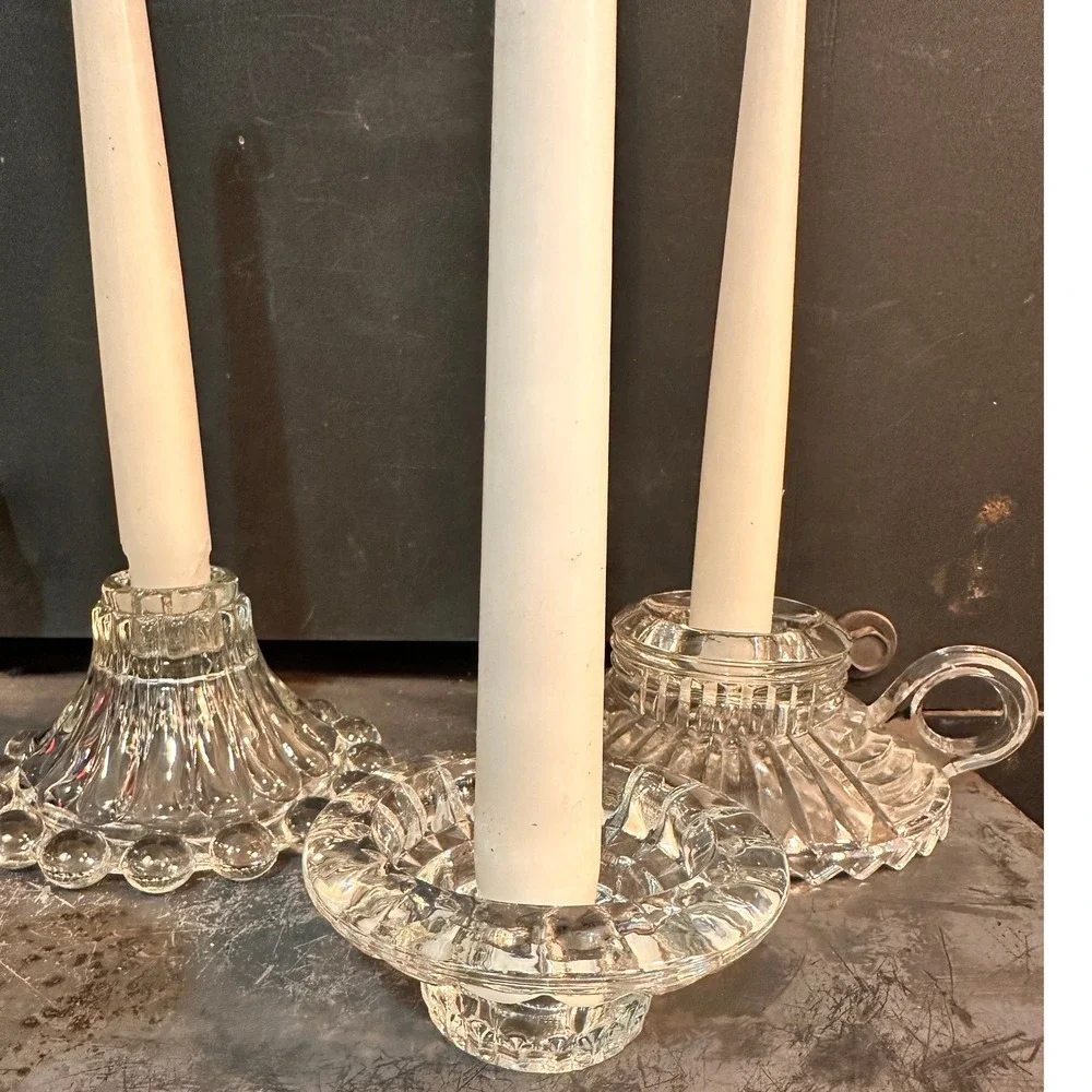 Vintage Mismatched Cottagecore Glass Taper Candle Holder Set Beaded Chamberstick